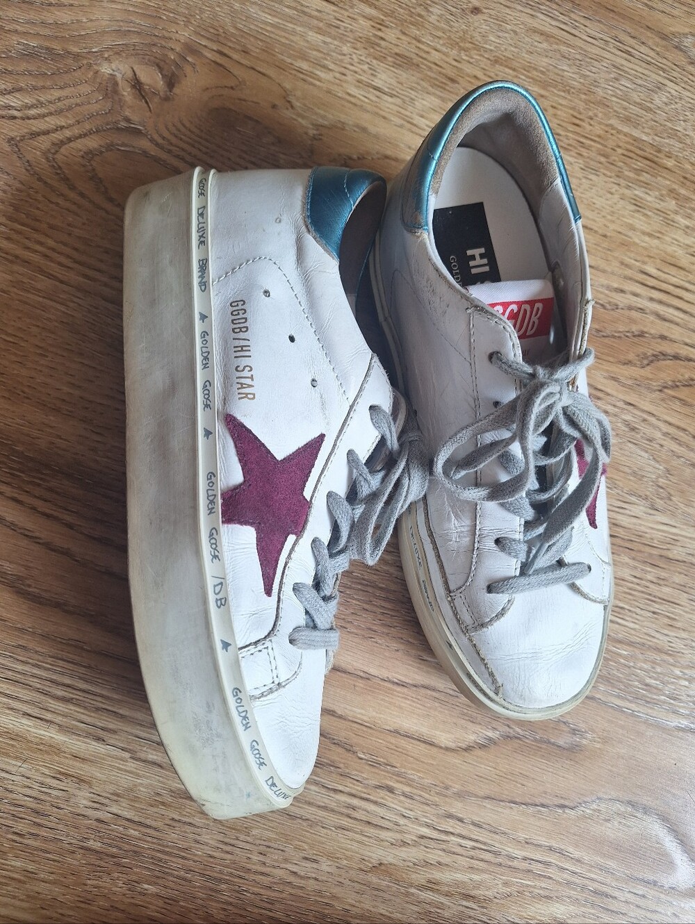 Golden Goose Kids Hi-Star White Sneakers with Burgundy Star and Teal Heel - 35